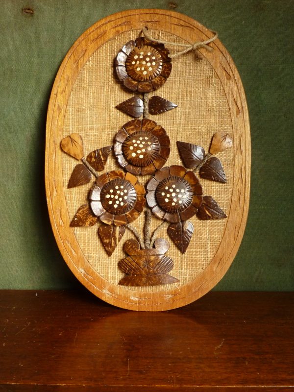 Carved Coconut Wood Oval Wall Plaque