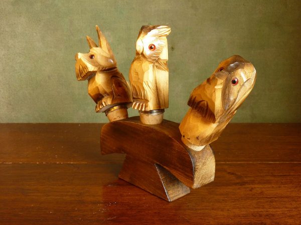 Owl and Dogs Bottle Stoppers and Stand