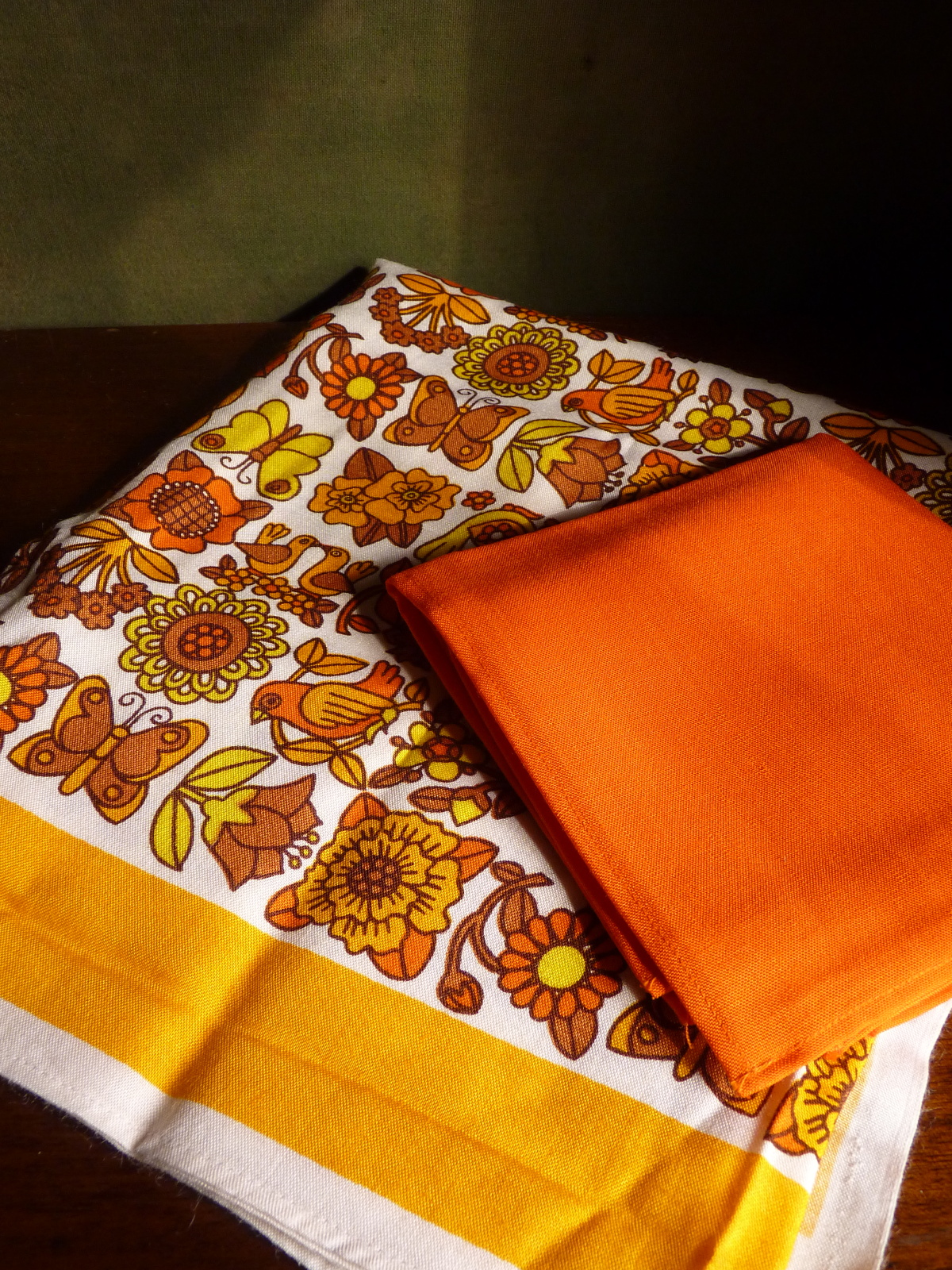 Orange and Brown Tablecloth with Flowers, Birds and Butterflies ...