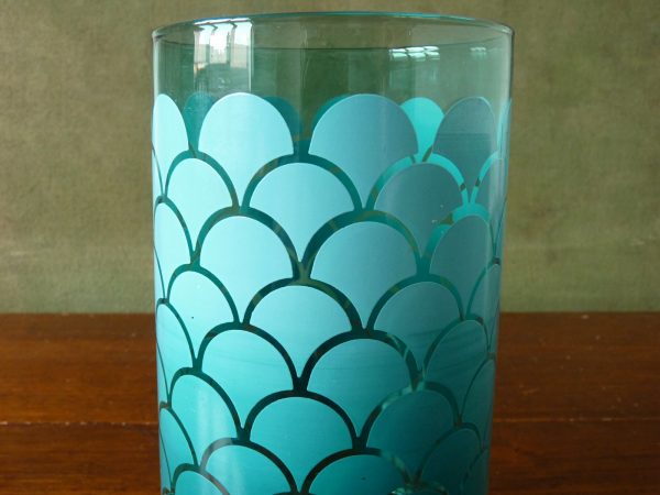 Teal-coloured Glass Vase with Scales/Fans Design