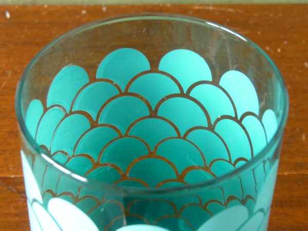 Teal-coloured Glass Vase with Scales/Fans Design
