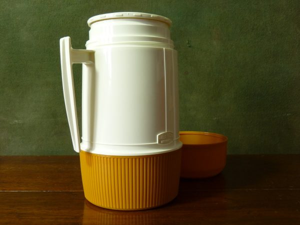 Vintage Mustard and White Thermos Flask