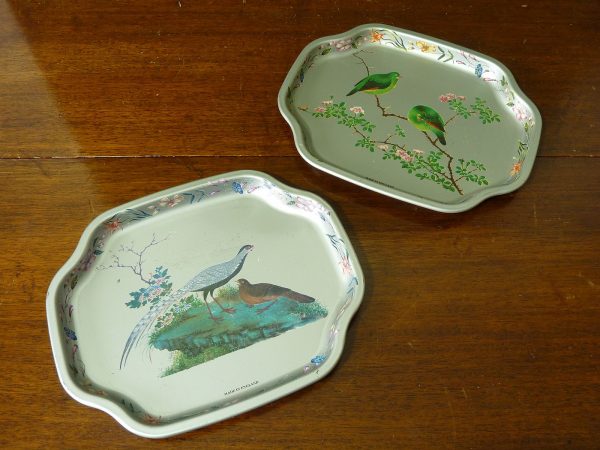 Vintage Silver and Blue Metal Bird Design Trays