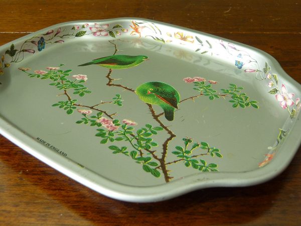 Vintage Silver and Blue Metal Bird Design Trays