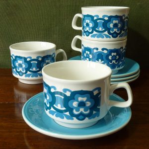 Blue Flower Power Staffordshire Potteries Cups and Saucers