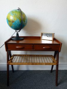 Small Danish Teak and Rattan Side Table with Drawers