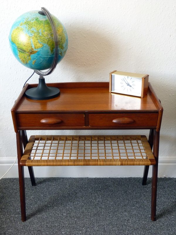 Small Danish Teak and Rattan Side Table with Drawers