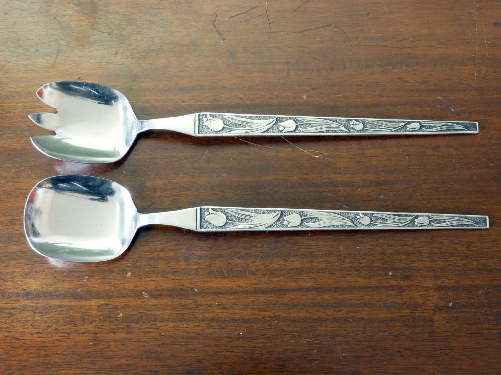 Vintage Japanese Stainless Steel Serving Fork and Spoon with stylised