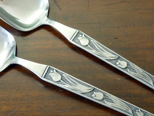 Vintage Japanese Stainless Steel Serving Fork and Spoon Tulip Pattern
