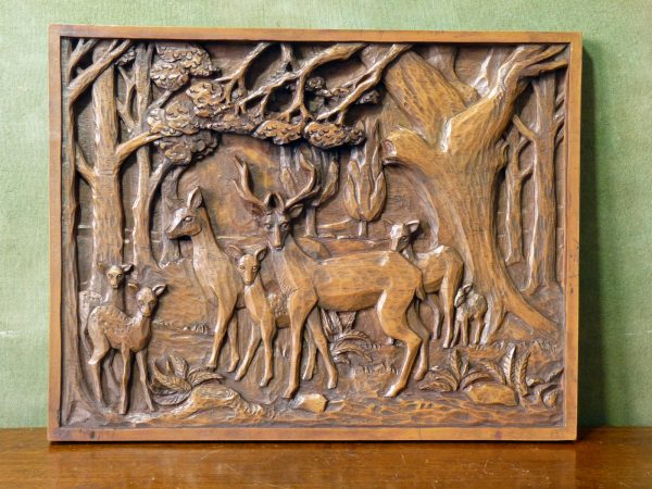 Deep Carved Wood High Relief Deer and Forest Scene Plaque