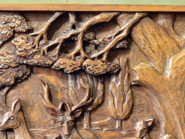 Deep Carved Wood High Relief Deer and Forest Scene Plaque