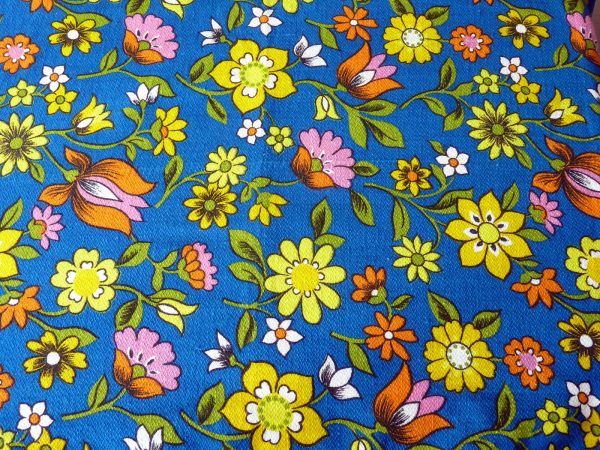 Fab Vintage Towel in Blue with Vivid Coloured Flowers and White Fringeing