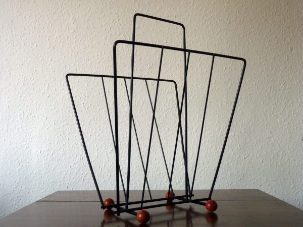Atomic Era Magazine Rack in Black Wire with Red Ball Feet
