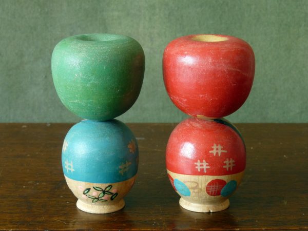 Pair of Vintage Handpainted Kokeshi Dolls with Poseable Apple Heads