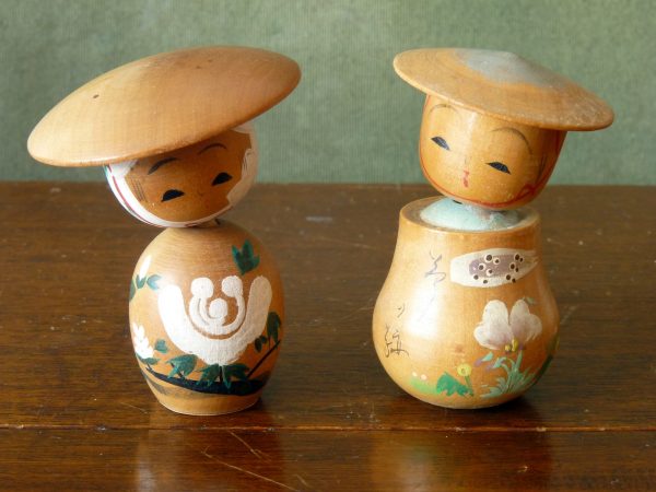 Pair of Vintage Handpainted Kokeshi Dolls with Poseable Heads