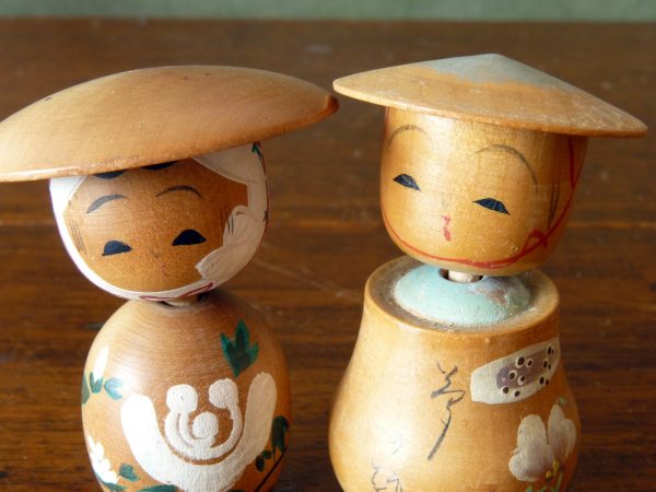 Pair of Vintage Handpainted Kokeshi Dolls with Poseable Heads