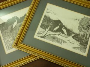 Pair of Rei Hamon Signed Pointillist Landscape Prints