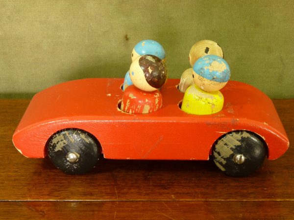 Vintage Escor Red Wooden Toy Car with Figures