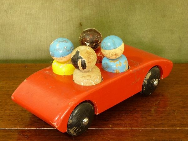 Vintage Escor Red Wooden Toy Car with Figures