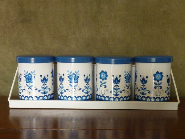 Vintage Worcester Ware Blue Tudor Spice Storage Canisters and Rack