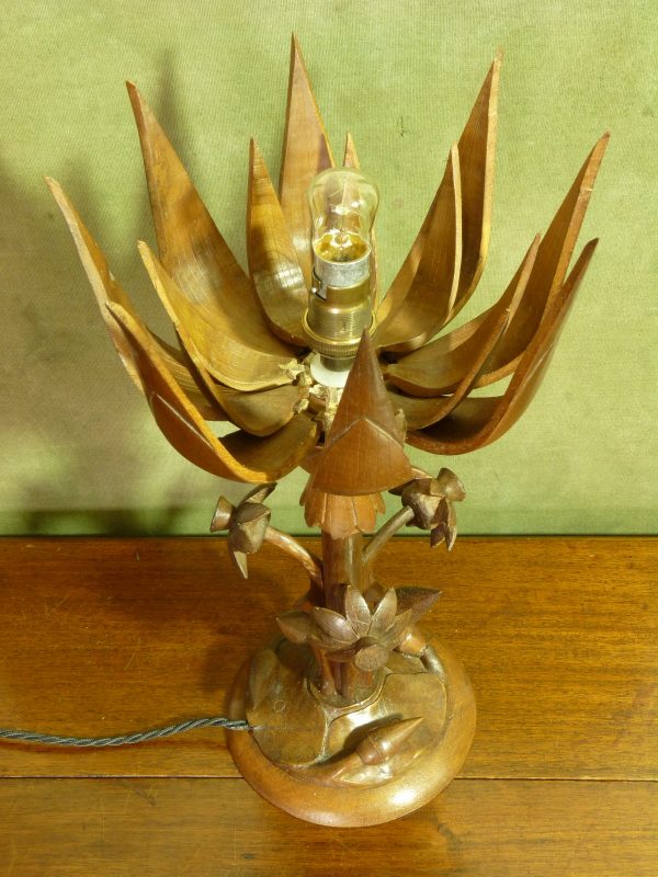 Vintage Carved Wood Metamorphic Lotus Flower Table Lamp