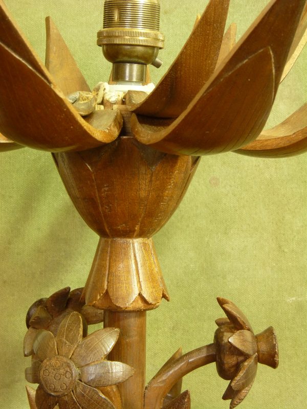 Vintage Carved Wood Metamorphic Lotus Flower Table Lamp