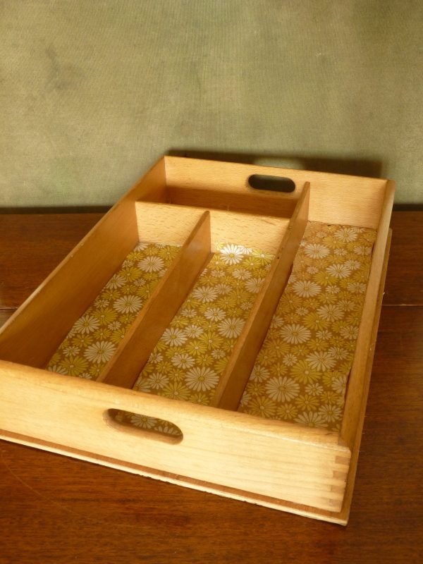 Vintage Wooden Cutlery Drawer Tray with Original Paper Liners