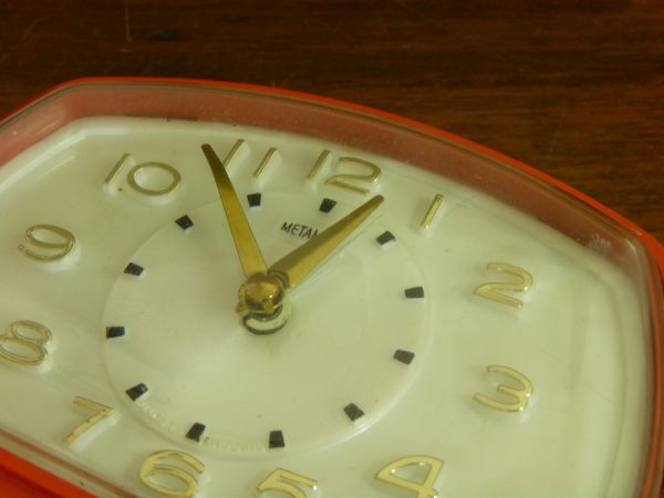 1950s-60s Funky Shaped Red Metamec Alarm Clock wirh Pearlescent Face