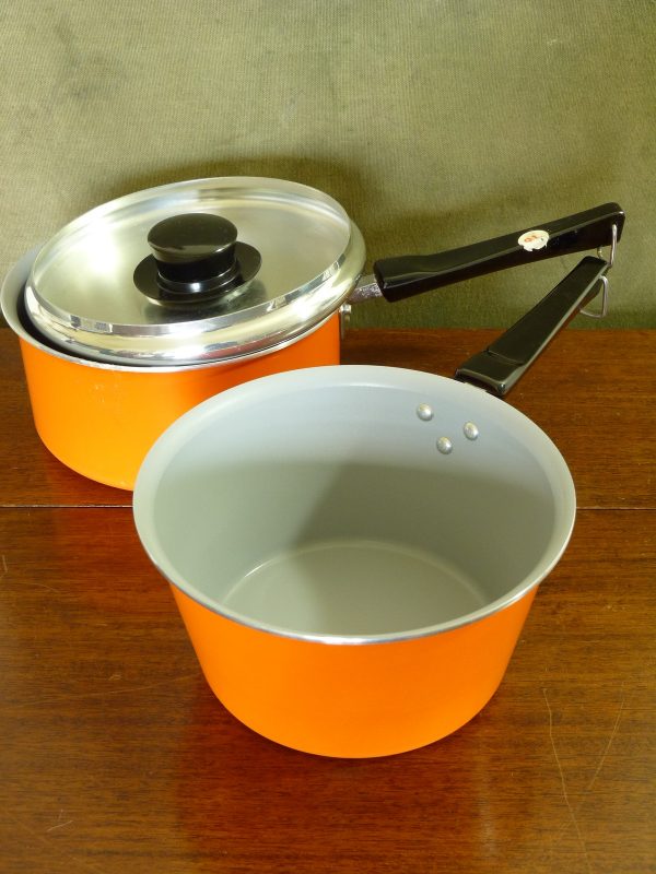 Vintage Bright Orange Tefal Aluminium Pans (Pair / One Lidded)