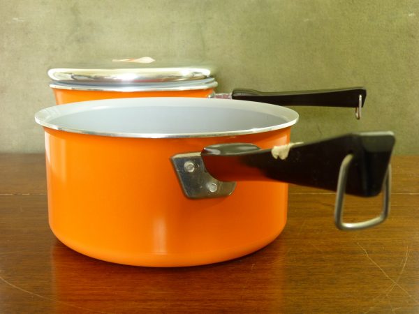 Vintage Bright Orange Tefal Aluminium Pans (Pair / One Lidded)