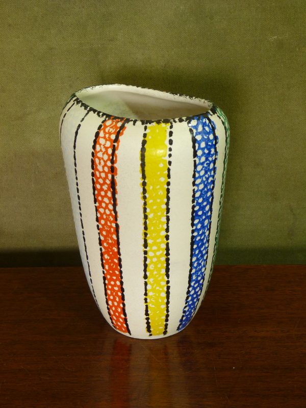 1950s handpainted colourful stripes flattened vase