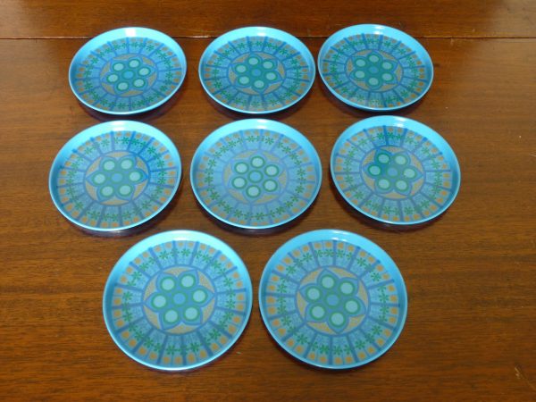 Eight Worcesterware Blue and Gold Metal Drinks Coasters