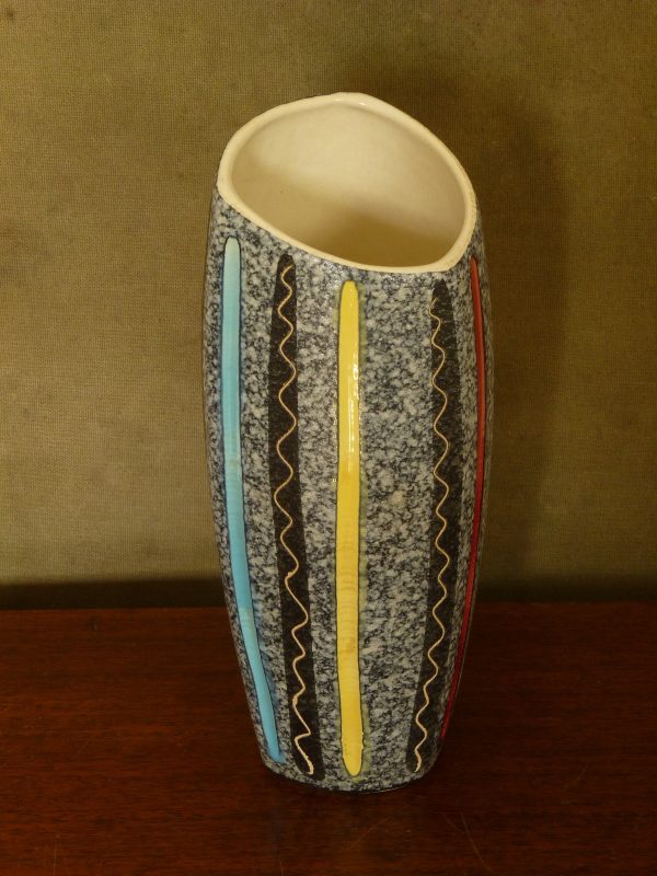 1950s Scheurich Speckled Ceramic Vase in Black, Yellow, Blue and Red