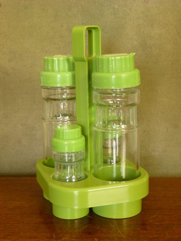 Vintage Araven Condiments Set and Stand in Green Plastic