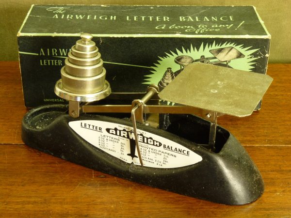 Set of Vintage Airweigh Letter Balance Scales with weights and original box