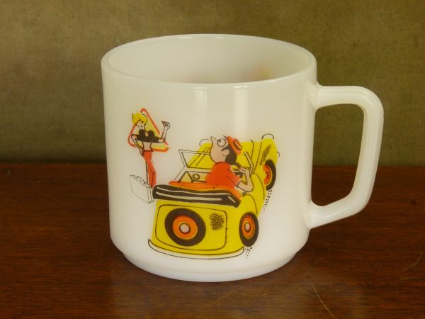 Vintage French Opaline Glass Mug with Risque Roadsign Humour