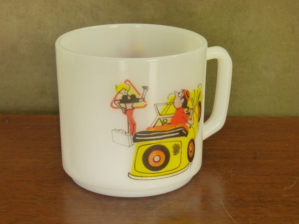 Vintage French Opaline Glass Mug with Risque Roadsign Humour