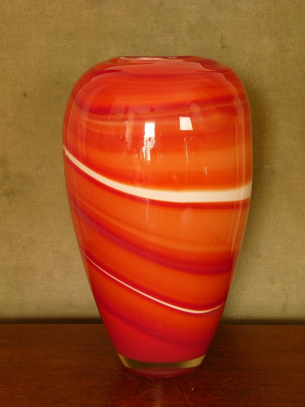 Large Statement Piece Red Orange and White Italian Murano Glass Vase