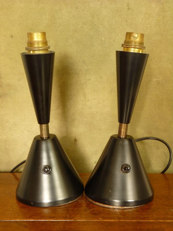 A pair of Mid-Century brass and black metal double-coned lamp bases