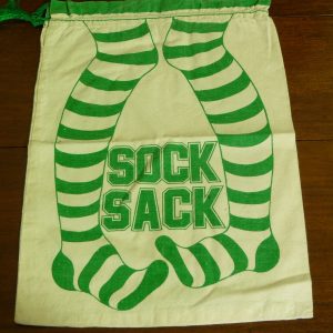 Vintage 1970s Fabric Drawstring Sock Sack in Green and Cream