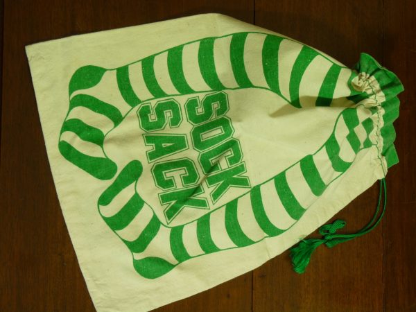 Vintage 1970s Fabric Drawstring Sock Sack in Green and Cream