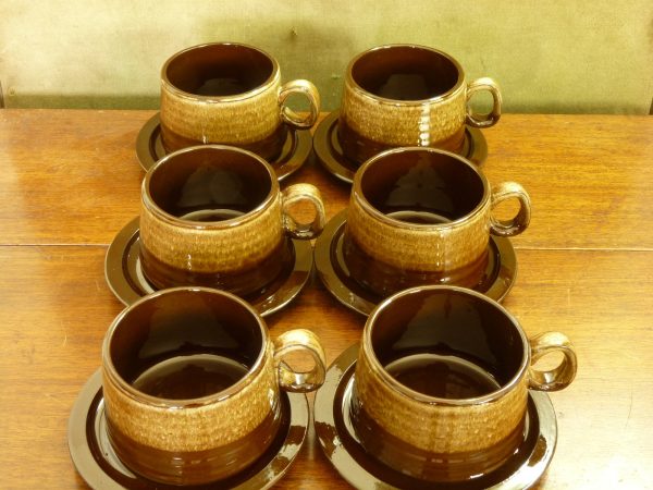 1970s Two-tone Tan and Dark Brown Fat Lava Style Cups and Saucers (Six)