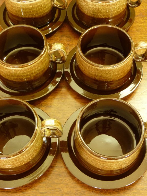 1970s Two-tone Tan and Dark Brown Fat Lava Style Cups and Saucers (Six)