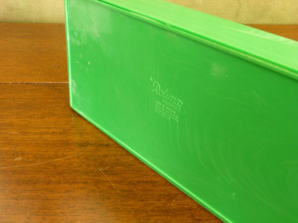 1950s Vintage "Rolinx" tambour design pencil case in green and cream plastic