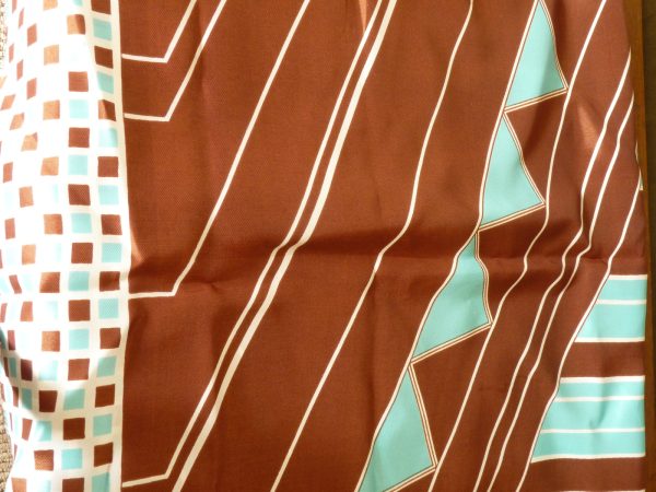Vintage Lightweight Scarf with Geometric Cyan and Brown Designs