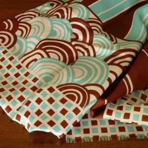 Vintage Lightweight Scarf with Geometric Cyan and Brown Designs