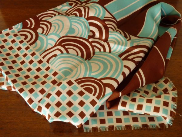 Vintage Lightweight Scarf with Geometric Cyan and Brown Designs