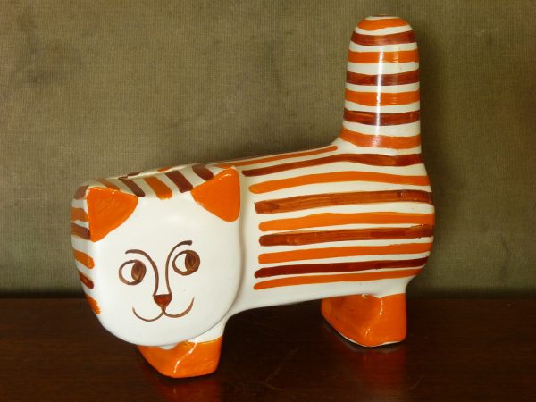 Rare 1960s Arthur Wood Pottery Orange and Brown Striped Cat Money Bank