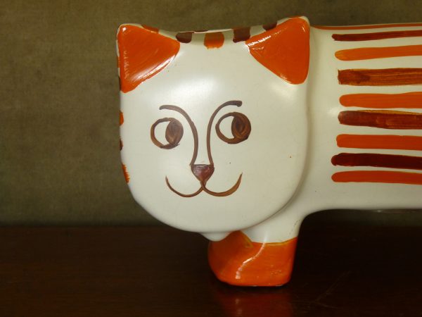 Rare 1960s Arthur Wood Pottery Orange and Brown Striped Cat Money Bank