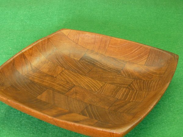 Vintage small shallow endgrain wood bowl, made in Hong Kong